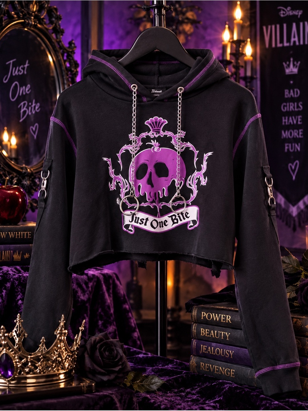 Disney Villains Just One Bite Poison Apple Chain Crop Hoodie L